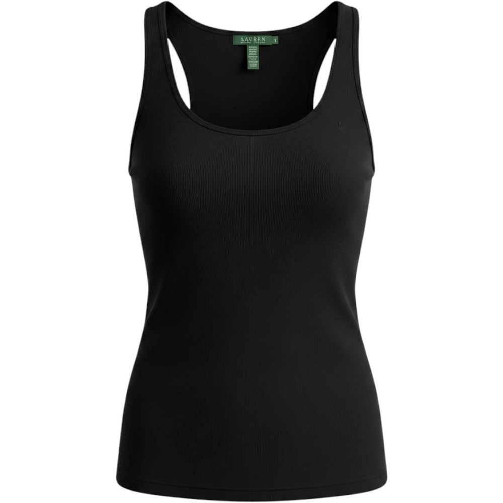 Lauren Ralph Lauren Tank Top XL Black Ribbed Cotton Scoop Neck Embroidered Logo